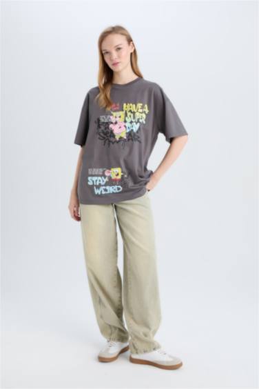SpongeBob Oversize Fit Crew Neck Printed T-Shirt