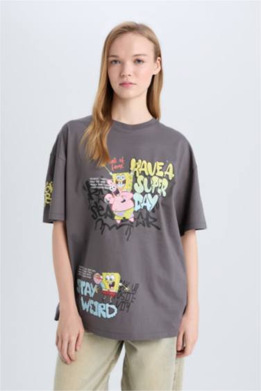 SpongeBob Oversize Fit Crew Neck Printed T-Shirt