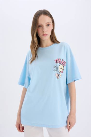 Coool SmileyWorld Oversize Geniş Kalıp Bisiklet Yaka Sırt Baskılı Kısa Kollu Tişört