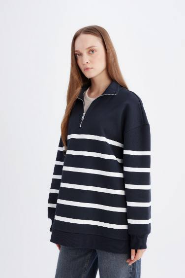 Relax Fit Polo Yaka Çizgili İçi Yumuşak Tüylü Kalın Sweatshirt Tunik