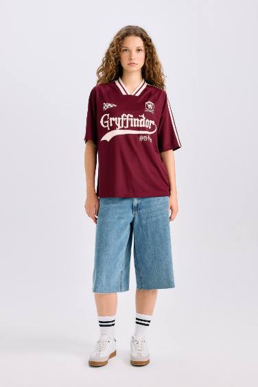 Harry Potter Oversize Geniş Kalıp V Yaka Baskılı Forma Kumaşı Kısa Kollu Tişört