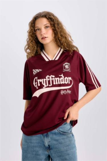 Harry Potter Oversize Geniş Kalıp V Yaka Baskılı Forma Kumaşı Kısa Kollu Tişört