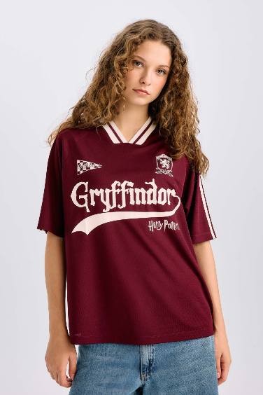 Harry Potter Oversize Geniş Kalıp V Yaka Baskılı Forma Kumaşı Kısa Kollu Tişört