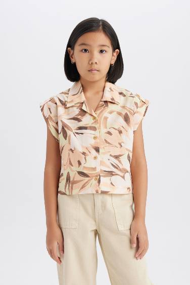 Girl Crop Patterned Cotton Short Sleeve Shirt