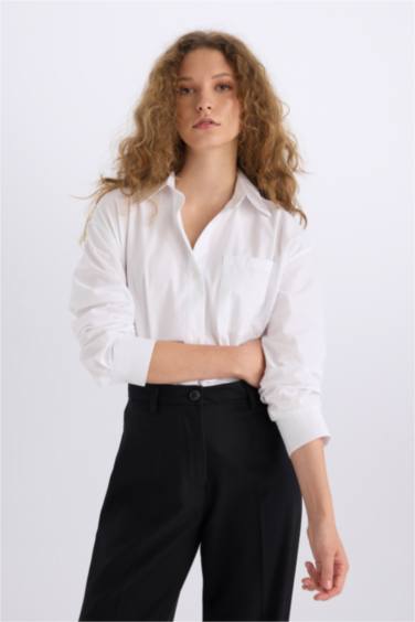 Oversize Fit Single Pocket Poplin Long Sleeve Shirt