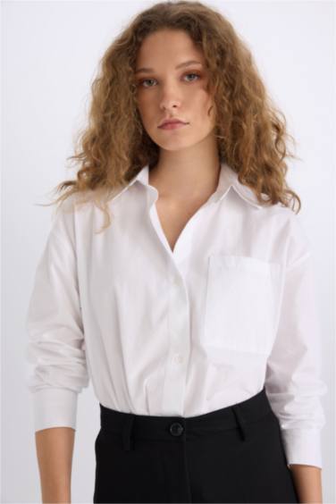 Oversize Fit Single Pocket Poplin Long Sleeve Shirt