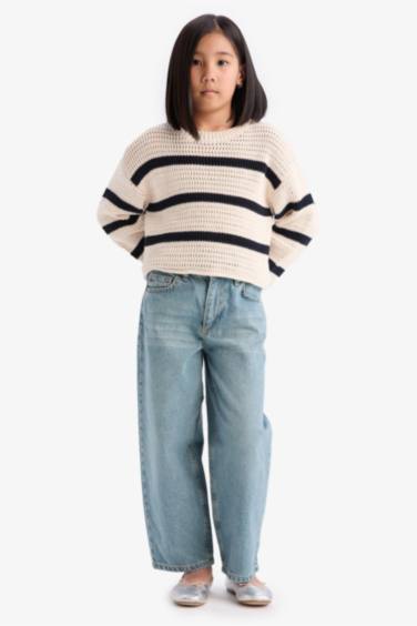 Kız Çocuk Bisiklet Yaka Çizgili Ajurlu Çizgili Triko Kazak