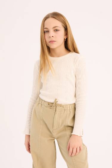 Kız Çocuk Slim Fit Dar Kesim Bisiklet Yaka Uzun Kollu Tişört