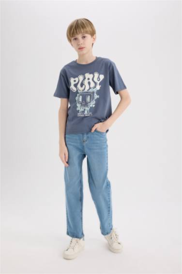 تيشيرت نص كم مطبوع قصة عادية برقبة مستديرة