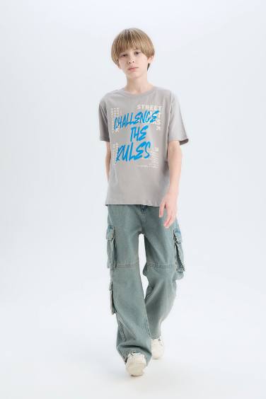 تيشيرت نص كم مطبوع قصة عادية برقبة مستديرة