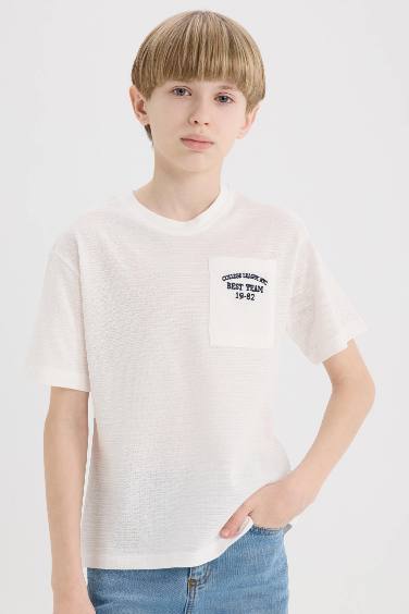 Boy Crew Neck Embroidered Pocket Printed T-Shirt