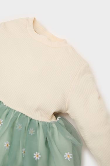 Kız Bebek Çiçekli Uzun Kollu Tül Elbise