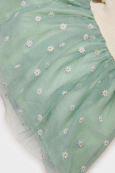 Kız Bebek Çiçekli Uzun Kollu Tül Elbise