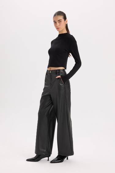 Culotte Suni Deri Kışlık Pantolon  Cepli Yüksek Bel Geniş Paça