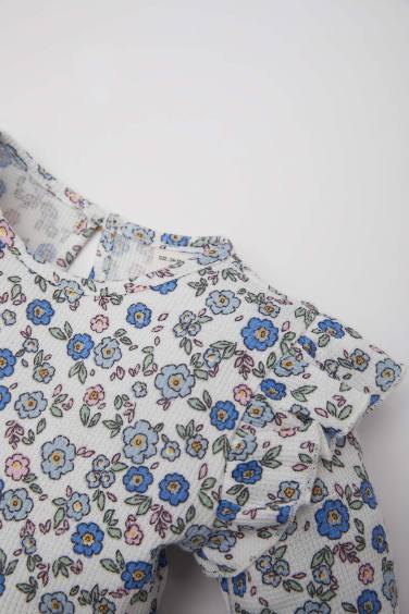 Kız Bebek Çiçekli Uzun Kollu Waffle Elbise