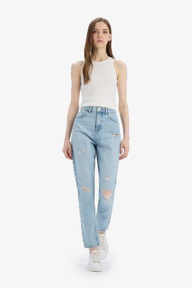 Lina Mom Fit Ripped Detailed High Waist Ankle Length Jeans