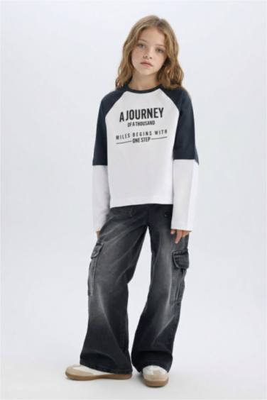 Oversize Geniş Kalıp Bisiklet Yaka Baskılı Uzun Kollu Tişört Kız Çocuk