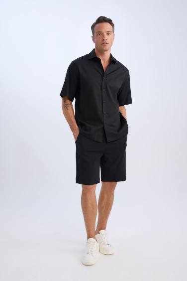 Regular Fit Beli Bağcıklı Dokulu Bermuda Şort