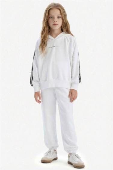 2'li Takım Kapüşonlu Baskılı Sweatshirt Beli Paçası Lastikli Eşofman Altı Kız Çocuk