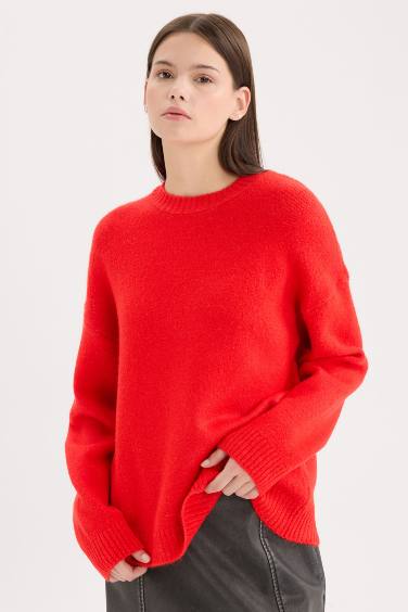 Pull en tricot Oversize basique rouge à col rond