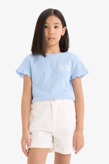 Girl Slim Fit Slogan Printed Corduroy T-Shirt