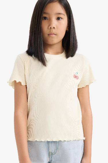 Girl Slim Fit Crew Neck Printed Ribbed Camisole T-Shirt