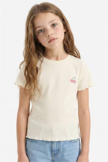 Girl Slim Fit Crew Neck Printed Ribbed Camisole T-Shirt