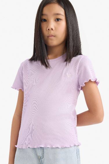 Girl Slim Fit Crew Neck Printed Ribbed Camisole T-Shirt