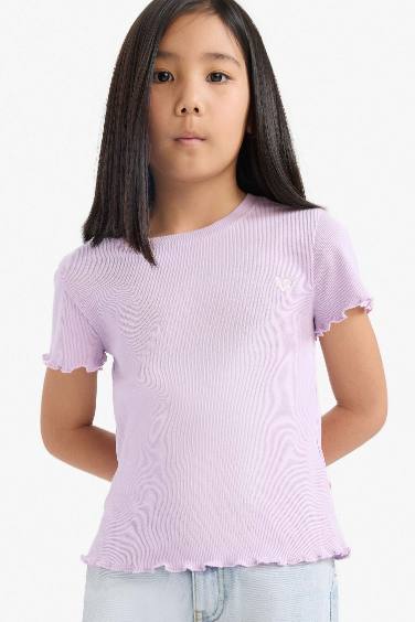 Girl Slim Fit Crew Neck Printed Ribbed Camisole T-Shirt