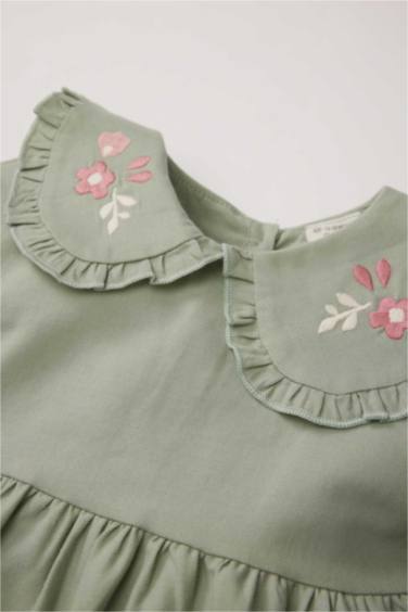 فستان بيبي بناتي فلورال مطرز تويل كم طويل بياقة كبيرة