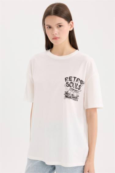 تيشيرت نص كم اوفر سايز مطبوع برقبة مستديرة