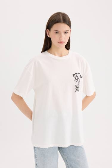 تيشيرت نص كم اوفر سايز مطبوع برقبة مستديرة