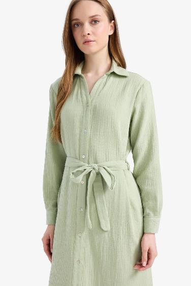 فستان كم طويل موسلين بياقة قميص