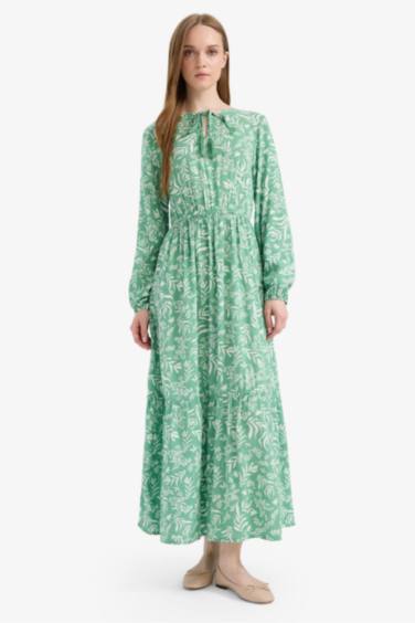 فستان كم طويل مطبوع فيسكوز بياقة مستديرة