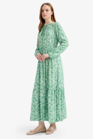 فستان كم طويل مطبوع فيسكوز بياقة مستديرة