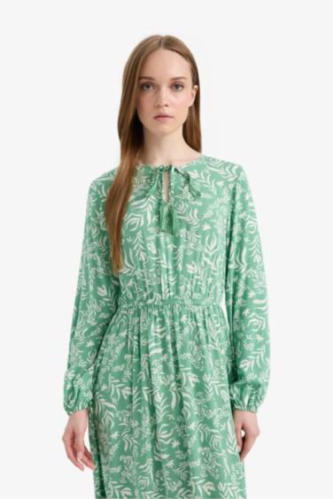 فستان كم طويل مطبوع فيسكوز بياقة مستديرة