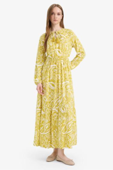 فستان طويل فيسكوز مطبوع بياخة مستديرة