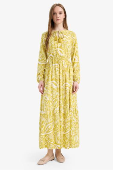 فستان طويل فيسكوز مطبوع بياخة مستديرة