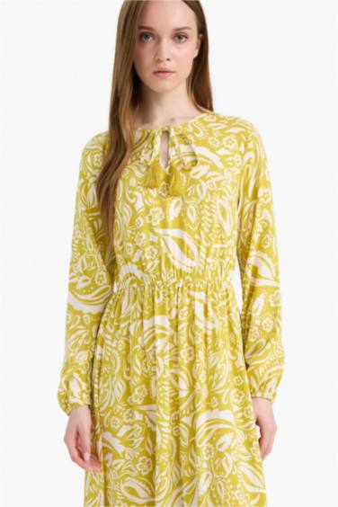 فستان طويل فيسكوز مطبوع بياخة مستديرة