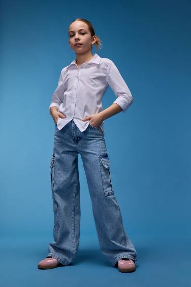 Girl Cargo Wide Leg Cotton Jeans