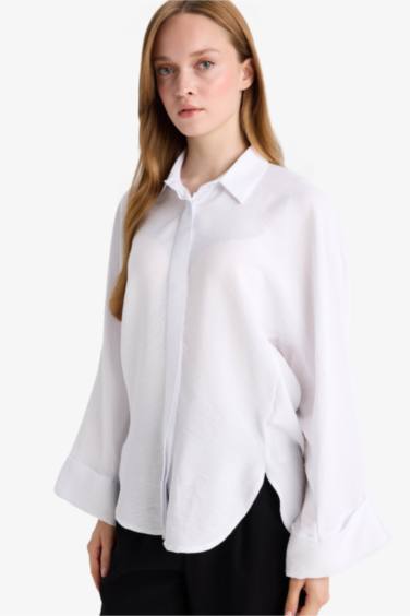 Relax Fit Basic Düz Keten Karışımlı Uzun Kollu Tesettür Gömlek Tunik