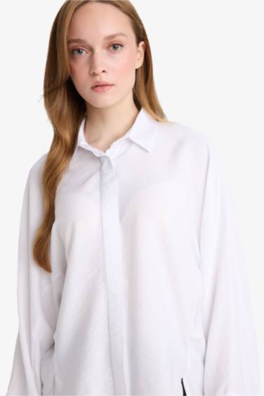 Relax Fit Basic Düz Keten Karışımlı Uzun Kollu Tesettür Gömlek Tunik