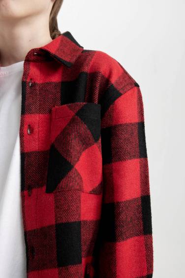 Erkek Çocuk Oversize Geniş Kalıp Polo Yaka Pamuklu Uzun Kollu Kareli Gömlek