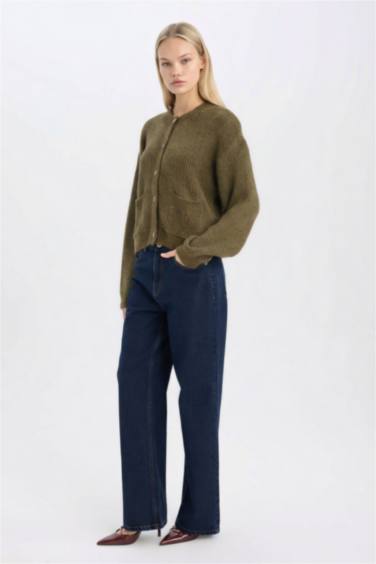 Pull Cardigan en maille à col rond Coupe régulière