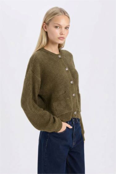 Pull Cardigan en maille à col rond Coupe régulière