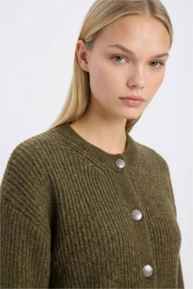 Pull Cardigan en maille à col rond Coupe régulière