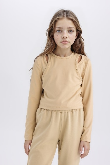 T-shirt slim à manches longues et col rond pour fille