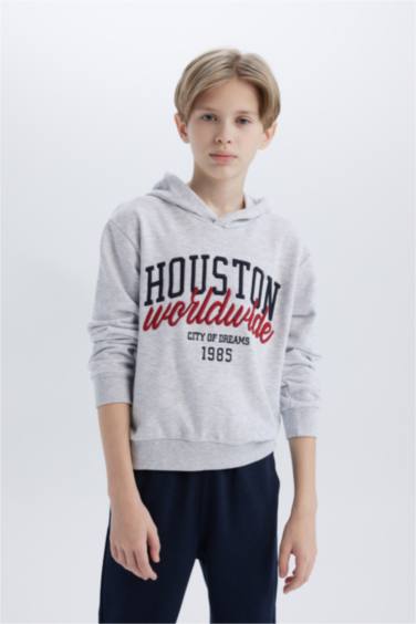 2'li Takım Kapüşonlu Baskılı Sweatshirt Beli Lastikli Eşofman Altı Erkek Çocuk