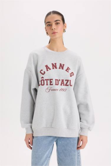 Oversize Geniş Kalıp Bisiklet Yaka Baskılı Kalın Sweatshirt