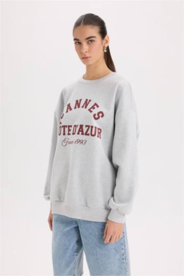 Oversize Geniş Kalıp Bisiklet Yaka Baskılı Kalın Sweatshirt